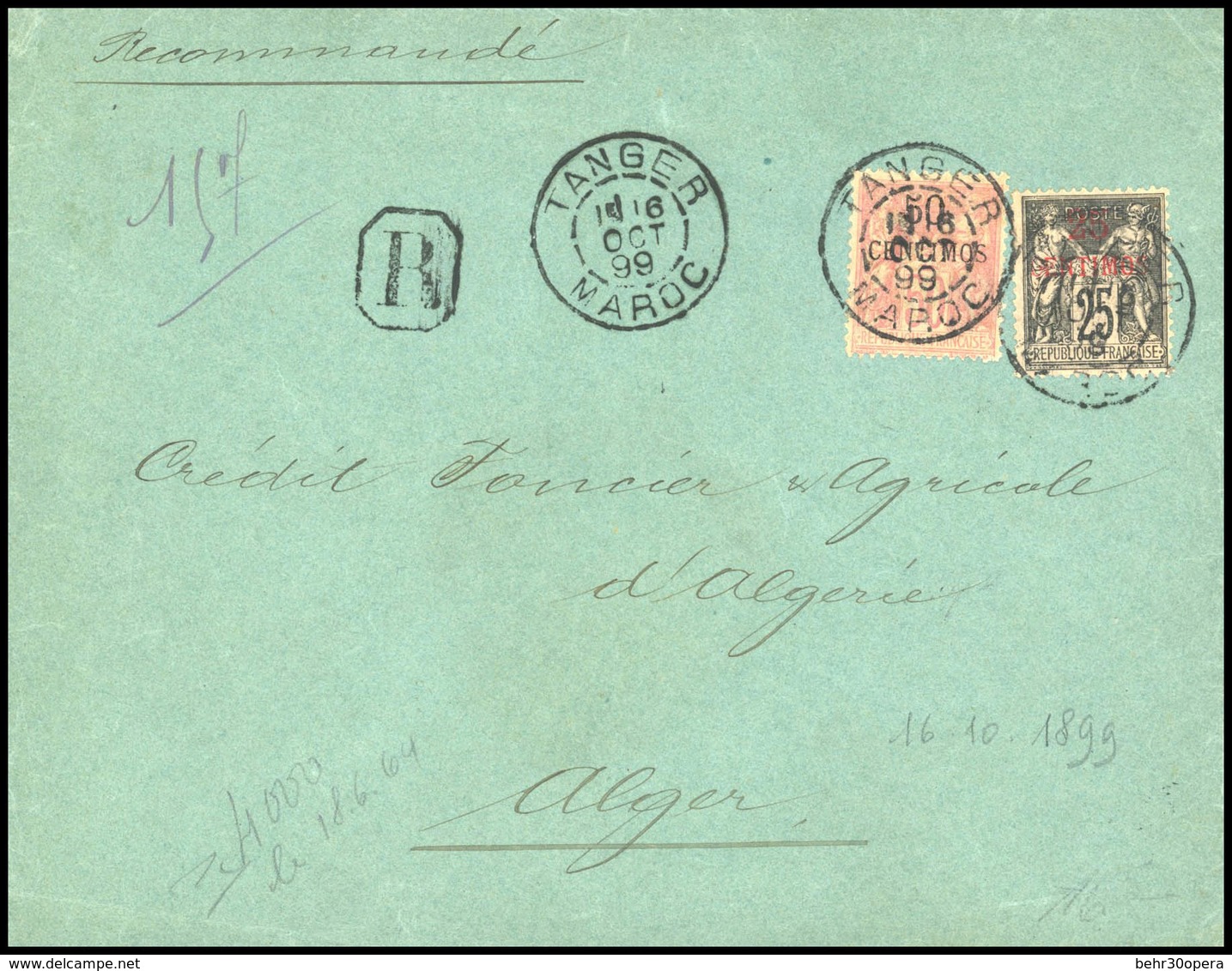 O N°56, 25c. Noir Sur Rose + 50c. Rose Obl. Sur Lettre Frappée Du CàD De TANGER Du 6 OCTOBRE 1899 à Destination De ALGER - Otros & Sin Clasificación