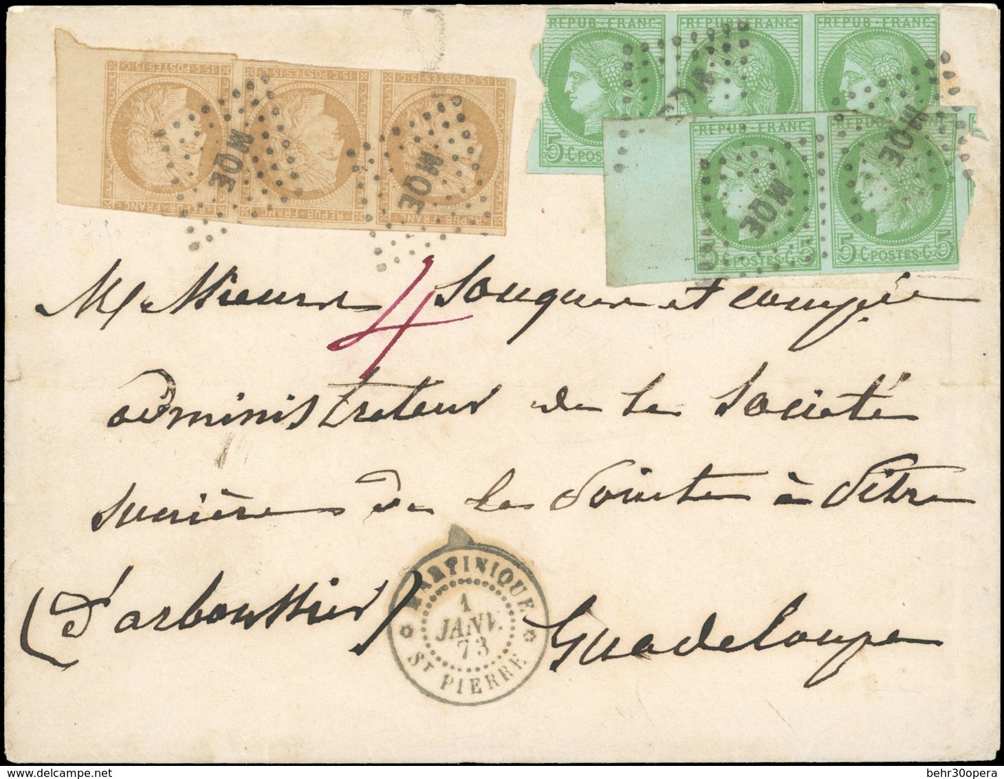 O N°1719, 5x 5c. Vert + 3x 15c. Bistre Obl. MQE Sur Lettre Frappée Du CàD De ST PIERRE MARTINIQUE Du 1er JANVIER 1873 à  - Otros & Sin Clasificación