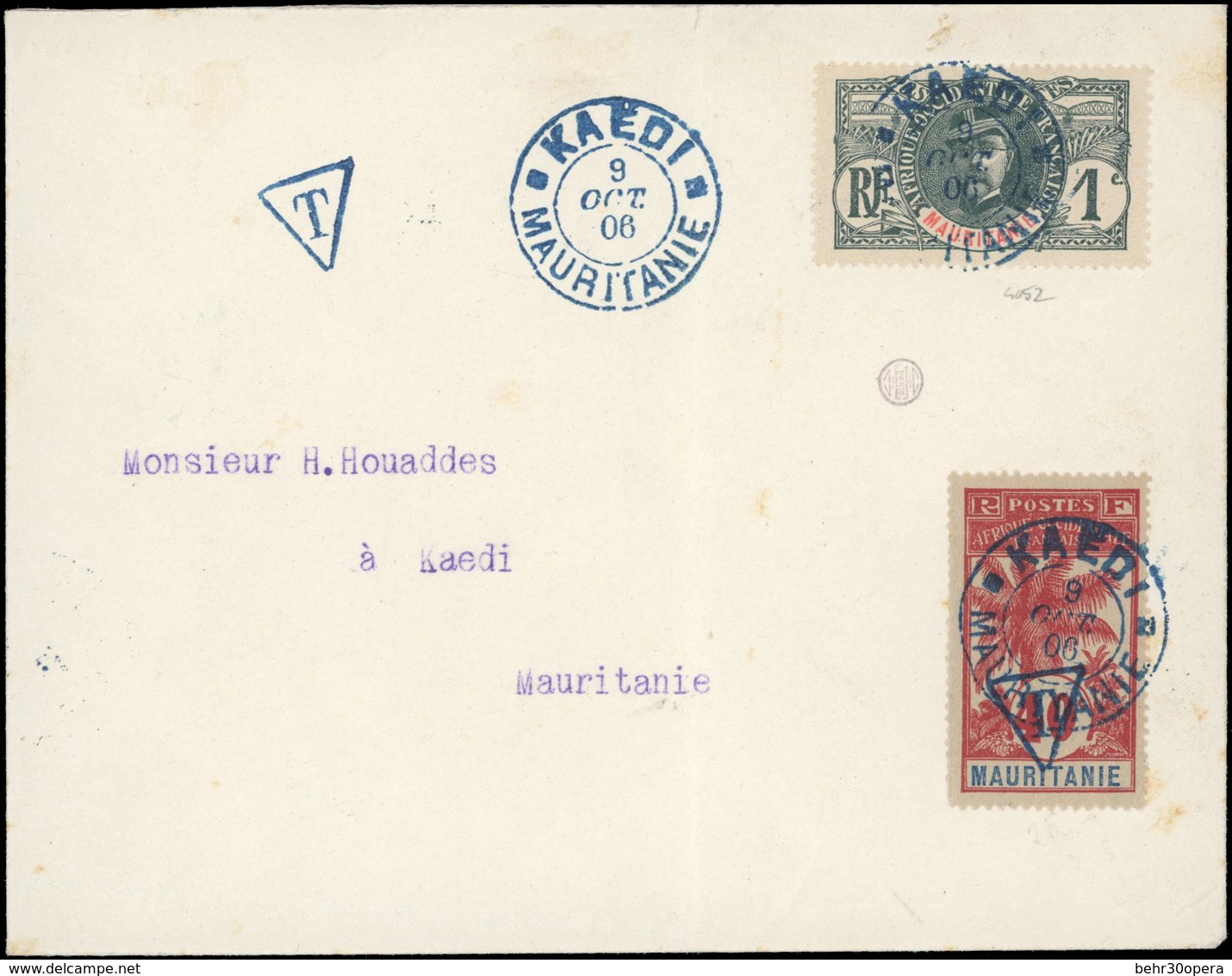 O N°1+ Taxe 6, 1c. Gris + Taxe 40c. Rouge Sur Gris Obl. Sur Lettre Frappée Du CàD De KAEDI - MAURITANIE Du 9 OCTOBRE 190 - Otros & Sin Clasificación