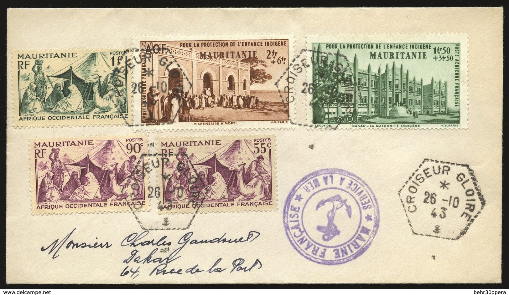 O N°840,990909090909091, + PA 6 + 7. 5 Valeurs Obl. CàD Octogonal 26 Octobre 1943 CROISEUR GLOIRE S/lettre Frappée Du Gr - Otros & Sin Clasificación