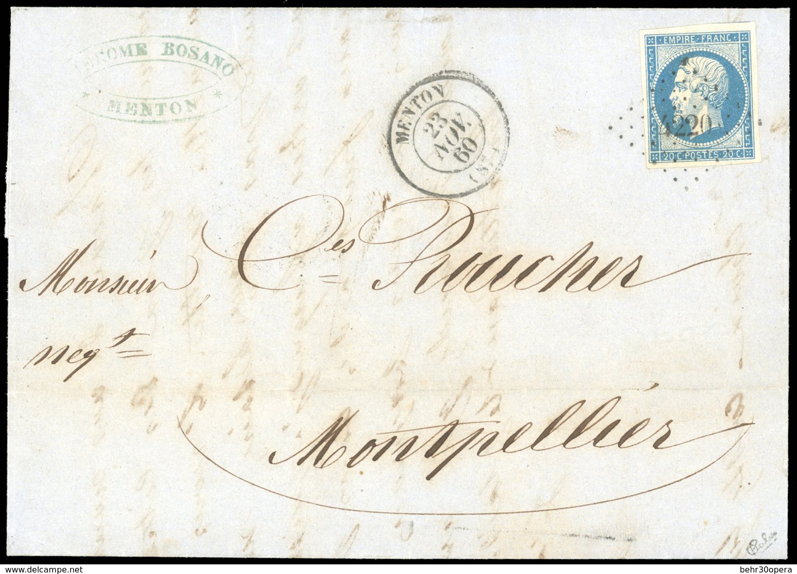 O N°14, 20c. Bleu. Obl. Losange P.C. 4220 Sur Lettre Frappée Du CàD De MENTON Du 23 Novembre 1860 à Destination De MONTP - Otros & Sin Clasificación