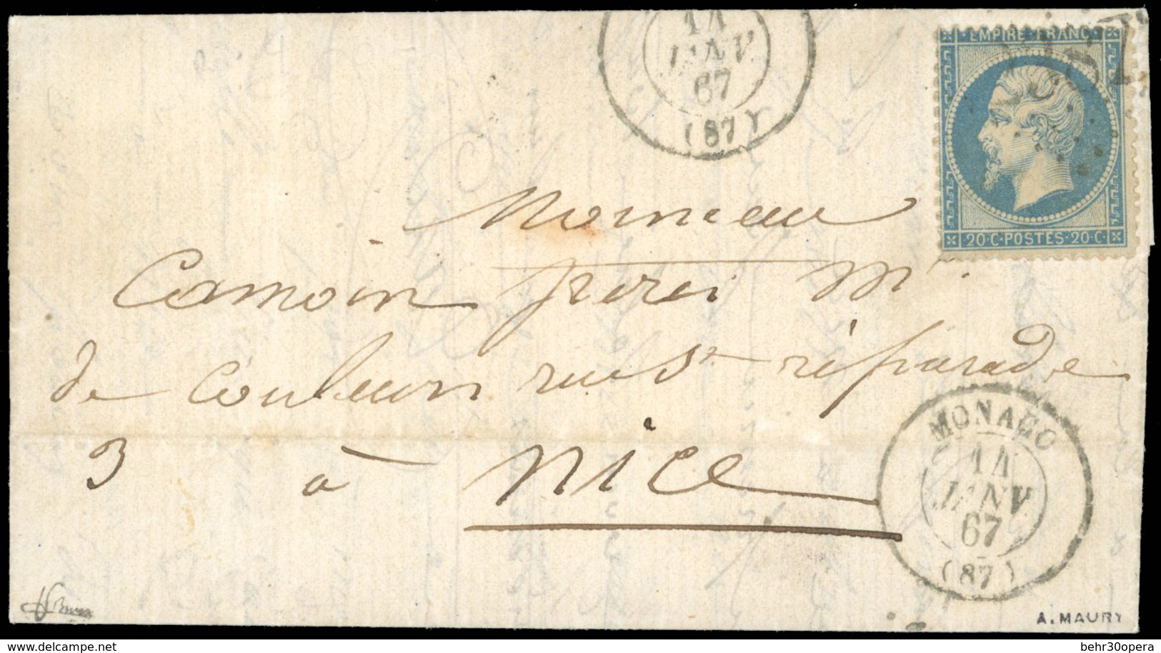 O N°22, 20c. Bleu. Obl. Losange G.C. 2387 Sur Lettre Frappée Du CàD De MONACO Du 14 Janvier 1867 à Destination De NICE.  - Otros & Sin Clasificación