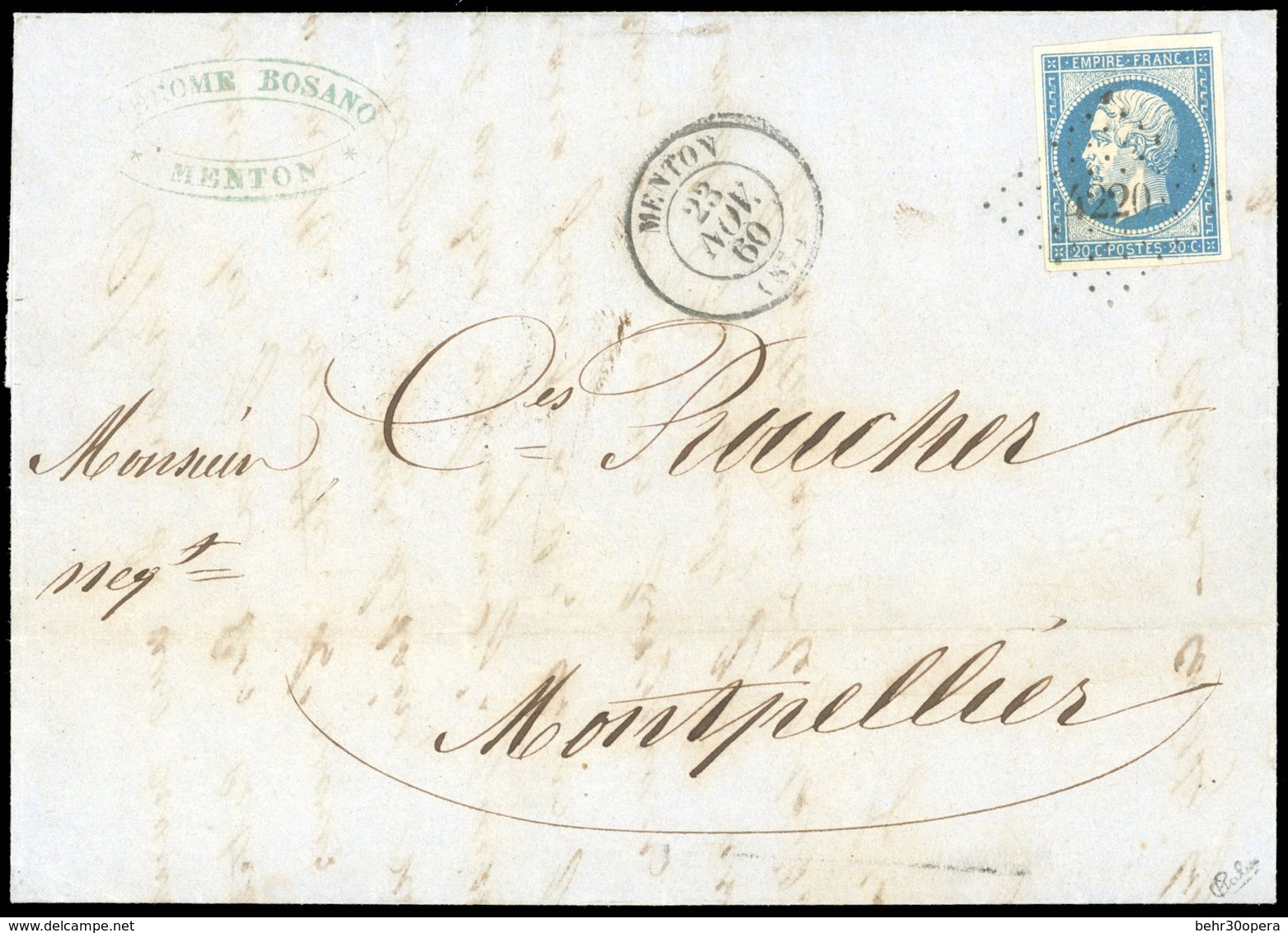 O N°20, 5c. Vert. Bande De 4. Obl. Losange G.C. 2387 Sur Lettre Frappée Du CàD De MONACO Du 11 Septembre 1868 à Destinat - Otros & Sin Clasificación