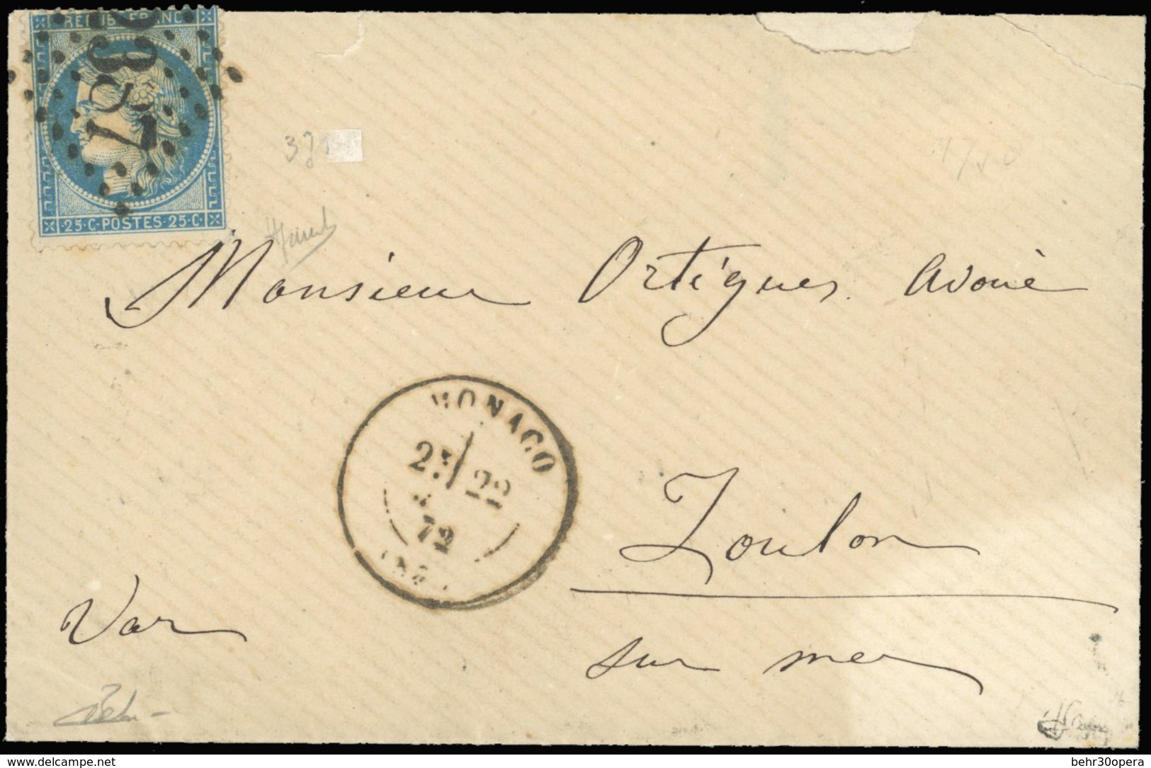 O Timbre De FRANCE N° 60. 25c. Bleu Obl. GC 2387 S/lettre Frappée Du CàD De MONACO Du 22 Mars 1872 à Destination De TOUL - Otros & Sin Clasificación