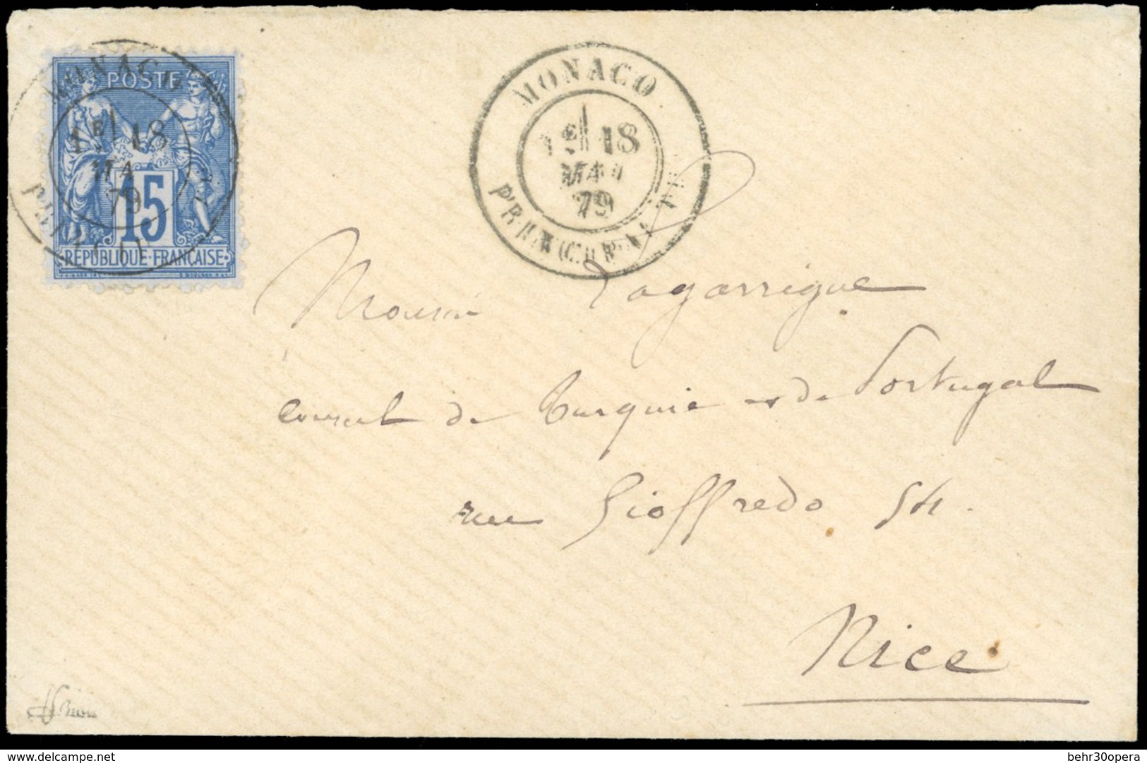 O N°90, 15c. Bleu. Obl. Sur Lettre Frappée Du CàD De MONACO Du 18 Mai 1879 à Destination De NICE. Arrivée Le 18 Mai. SUP - Otros & Sin Clasificación