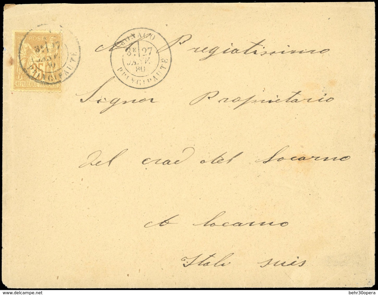 O N°92, 25c. Bistre S. Jaune. Obl. Sur Lettre Frappée Du CàD De MONACO Du 27 Janvier 1880 à Destination De LOCARNO-SUISS - Otros & Sin Clasificación