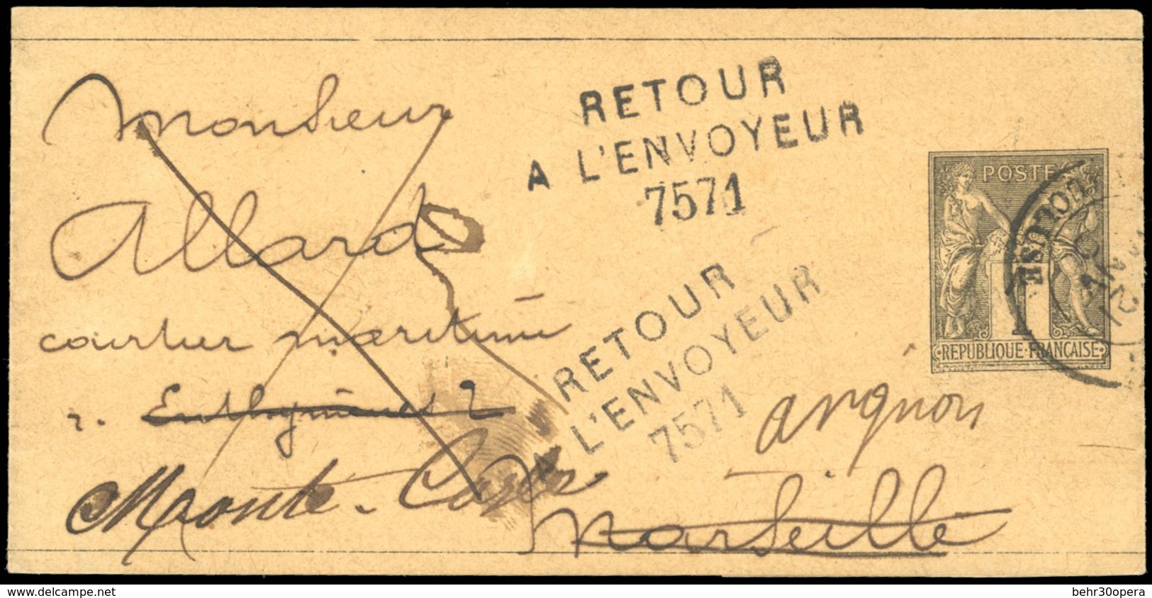 O 1c. Noir Obl. Sur Entier Postal Frappé Du CàD Du VAUCLUSE Du 21 JANVIER 1890 à Destination De MONTE-CARLO. Cachet D'ar - Otros & Sin Clasificación