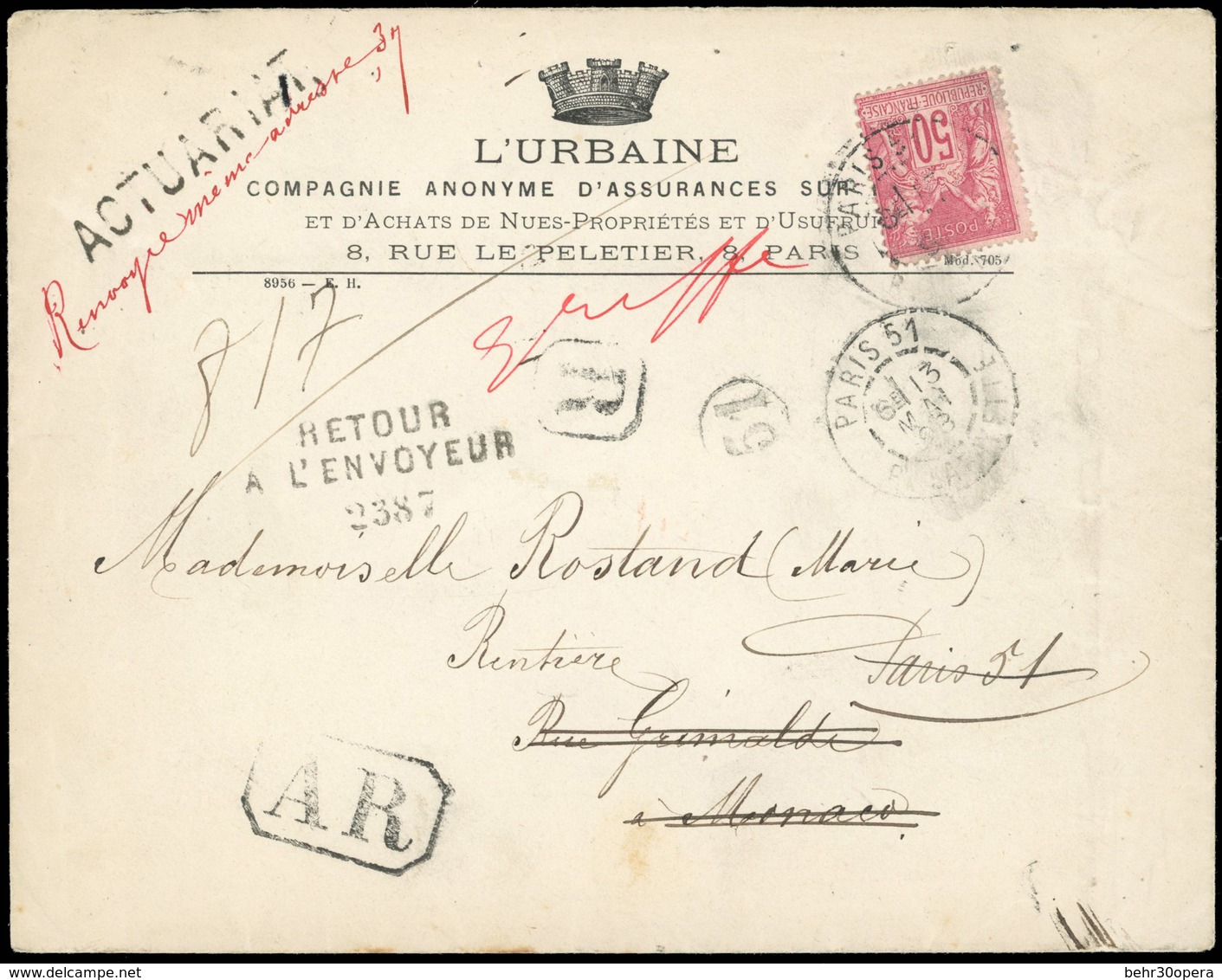 * N°98, 50c. Rose Obl. Sur Lettre Frappée Du CàD De PARIS 51 - RUE LAFAYETTE Du 13 MAI 1898 à Destination De MONACO. Cac - Otros & Sin Clasificación