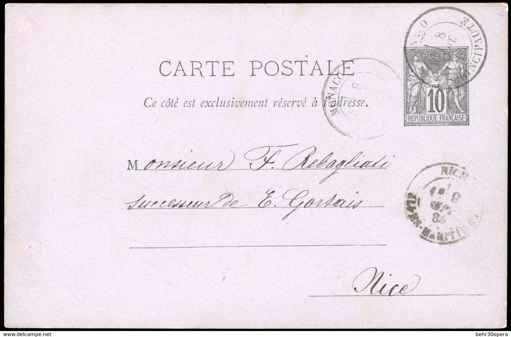 O N°89, 10c. Noir S. Lilas. Obl. Sur Carte Postale Frappée Du CàD De MONACO Du 8 Septembre 1884 à Destination De NICE. A - Otros & Sin Clasificación