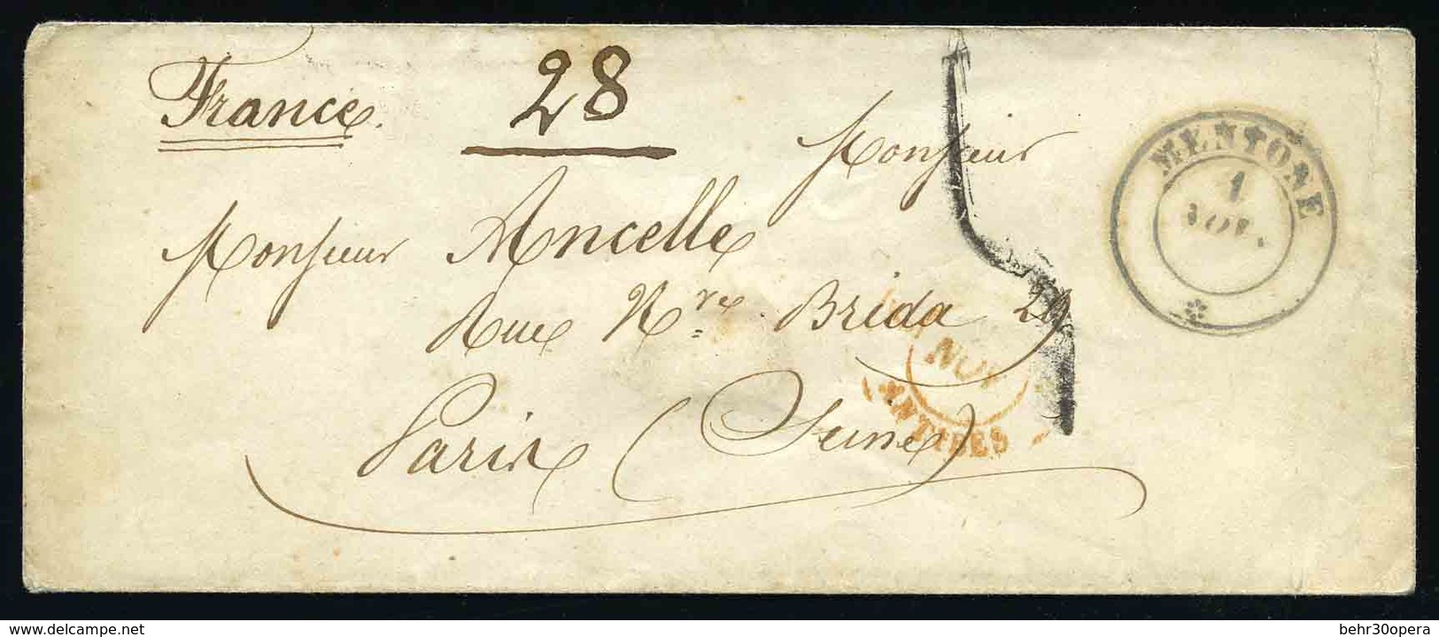 O Marques Postales. Lettre De MENTONE Frappée Du CàD De MENTONE 1er NOV. à Destination De PARIS. Cachet De Transit Par N - Otros & Sin Clasificación