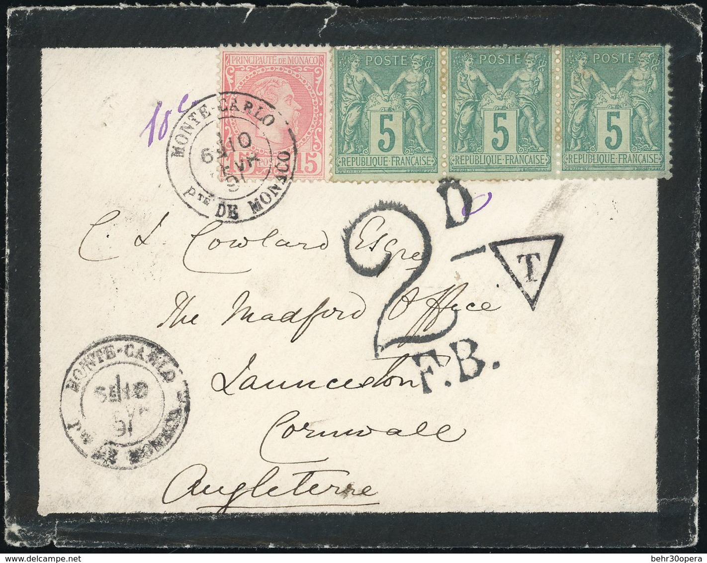 O N°5, 15c. Rose + Timbres De France N°75 Bande De 3, Obl. S/lettre Frappée Du CàD De MONTE-CARLO Du 10 Février 1891 à D - Otros & Sin Clasificación