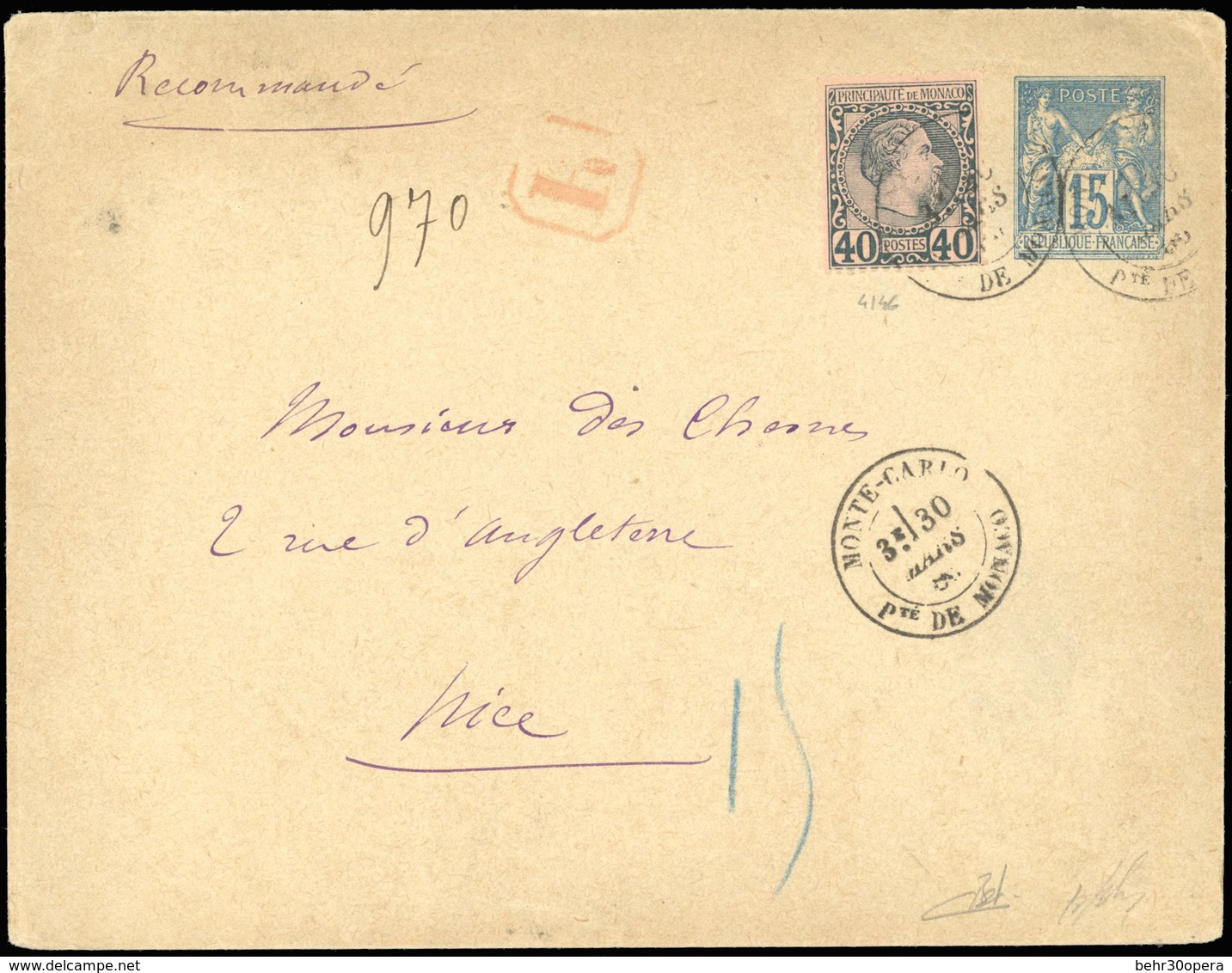 O N°7, 40c. Obl. CàD MONTE CARLO PTE DE MONACO Sur Entier Postal Recommandé De FRANCE à 15c. à Destination De NICE. TB.  - Otros & Sin Clasificación