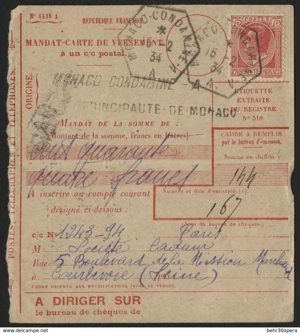 O N°91, 75c. Sur Mandat-carte De Versement à Destination De COURBEVOIE Obl. CàD MONACO CONDAMINE 16.2.34. TB. - Otros & Sin Clasificación