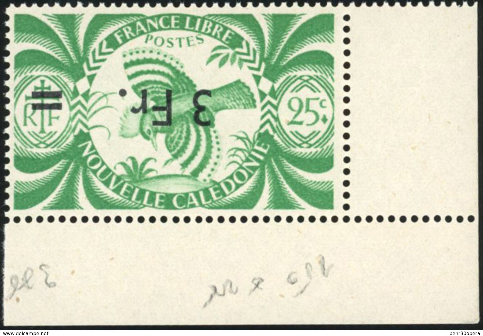 ** N°254a, 3F. S/25c. Jaune-vert. Surcharge Renversée. Coin De Feuille. SUP. - Autres & Non Classés