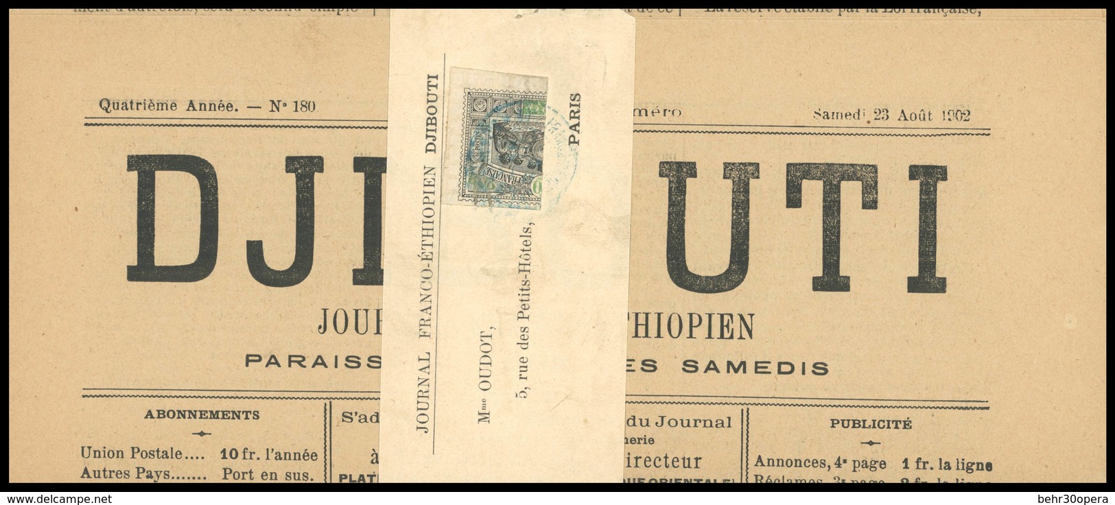 O N°51aB, Moitié Du 10c. Noir Et Vert Obl. Sur Journal DJIBOUTI Complet Du 23 AOUT 1902. SUP. - Otros & Sin Clasificación