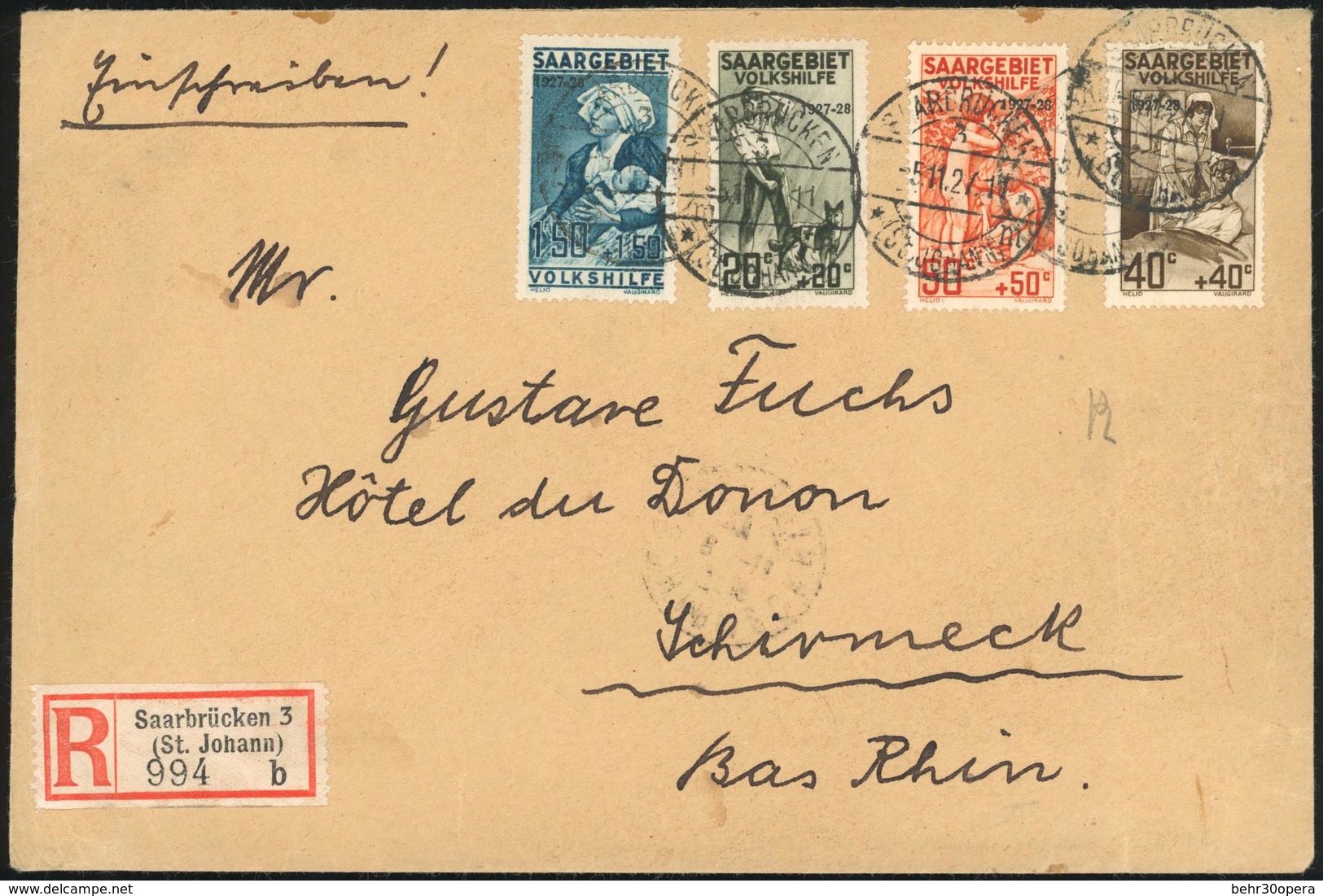 O N°121/ 124, Série Complète. 4 Valeurs. Obl. Sur Lettre Frappée Du CàD De SAARBRUCKEN Du 5 Novembre 1927 à Destination  - Otros & Sin Clasificación