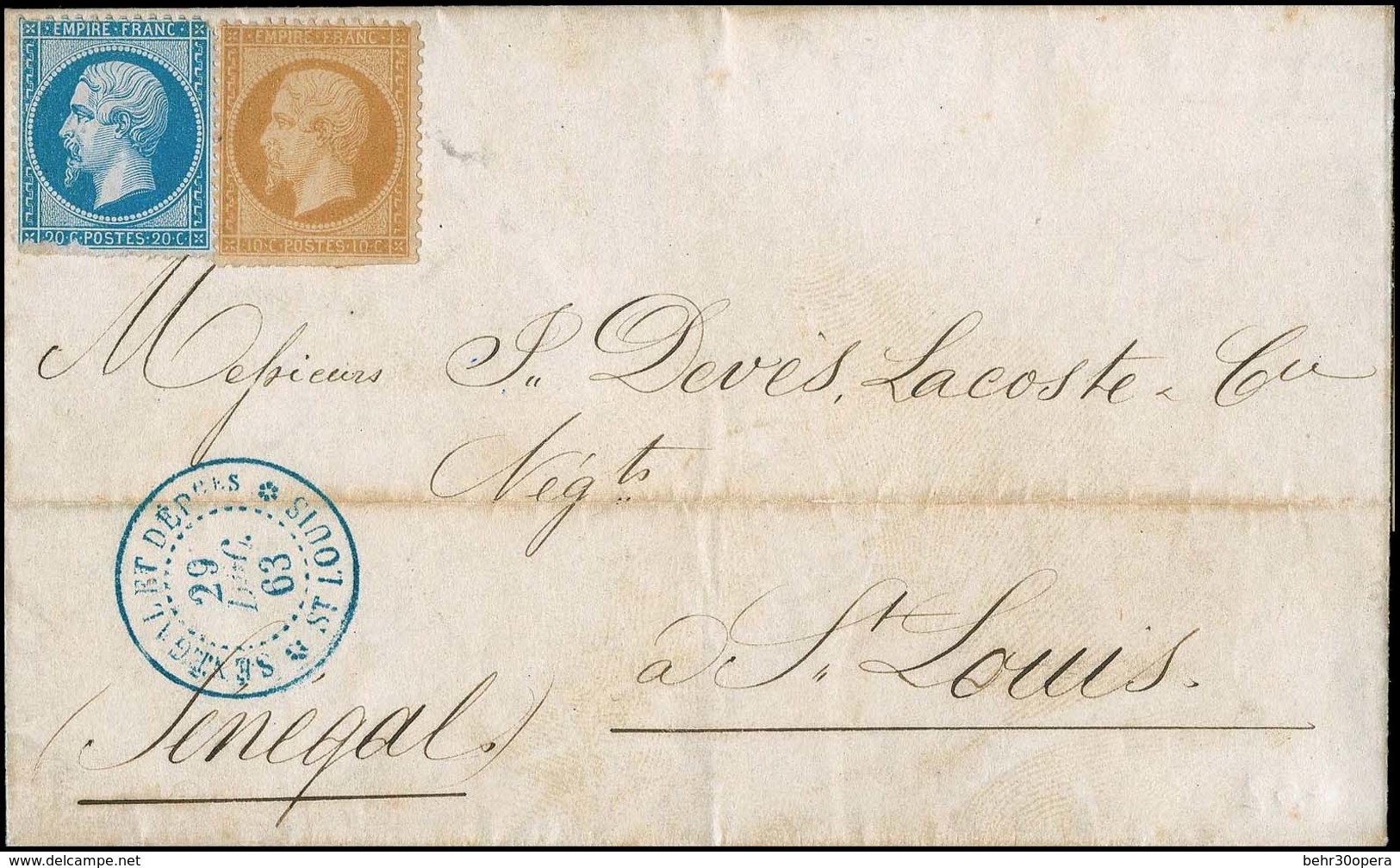 O N°2122, 10c. + 20c. Empire Dentelé Non Obl. S/lettre De BORDEAUX Du 9 Décembre 1863 à Destination De ST LOUIS DU SENEG - Otros & Sin Clasificación