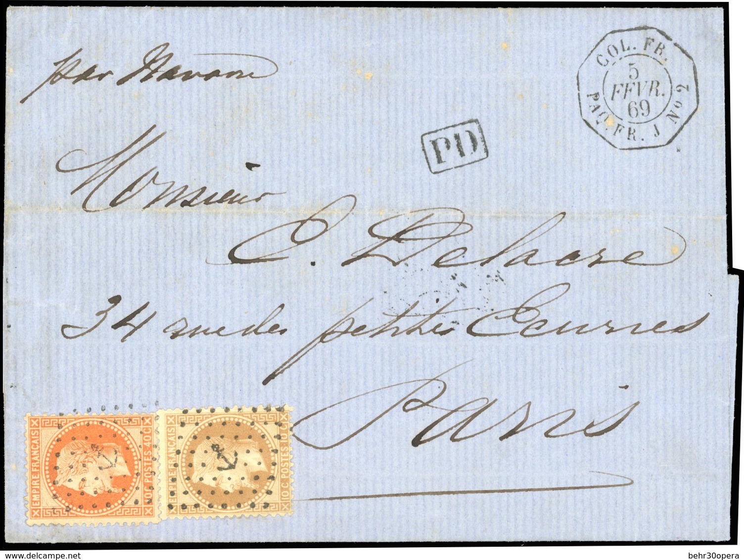 O N°28A, Timbres De France N°28A + 31. 10c. Bistre, Type I + 40c. Orange Obl. Ancre S/lettre Frappée Du CàD ''COL. FR. P - Autres & Non Classés