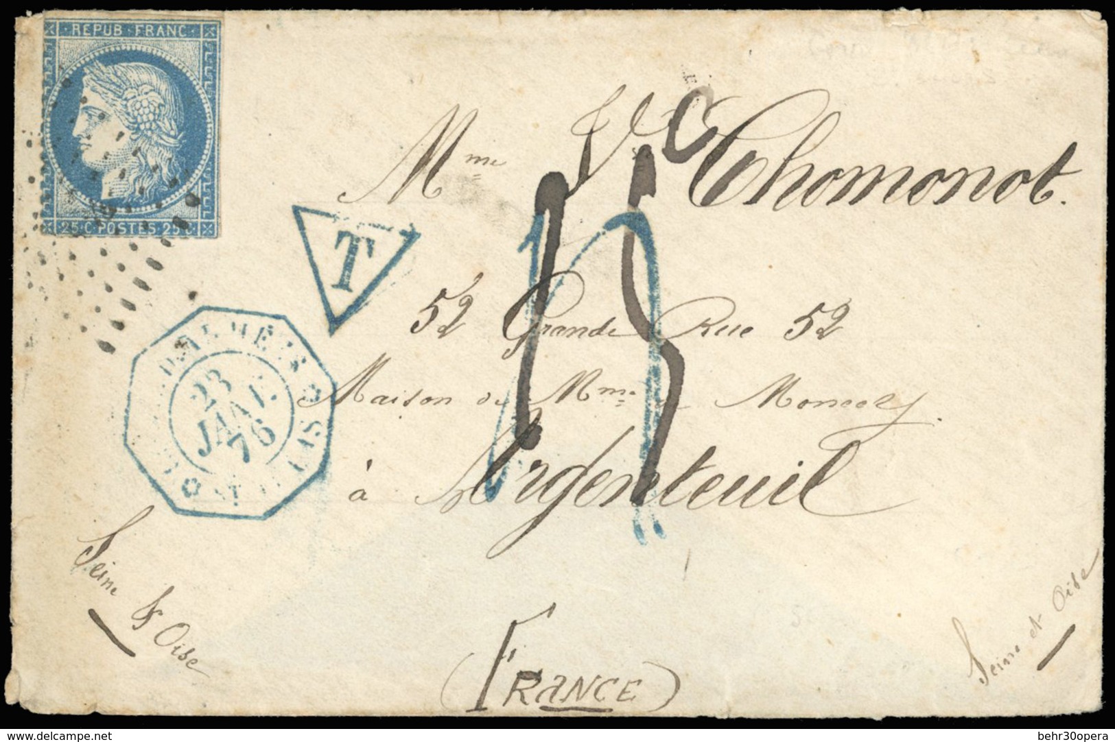 O N°60A, Timbre De France N°60A. 25c. Bleu, Type I Avec Dents Découpées, Obl. Ancre S/lettre Frappée Du CàD ''CORR. D'AR - Otros & Sin Clasificación