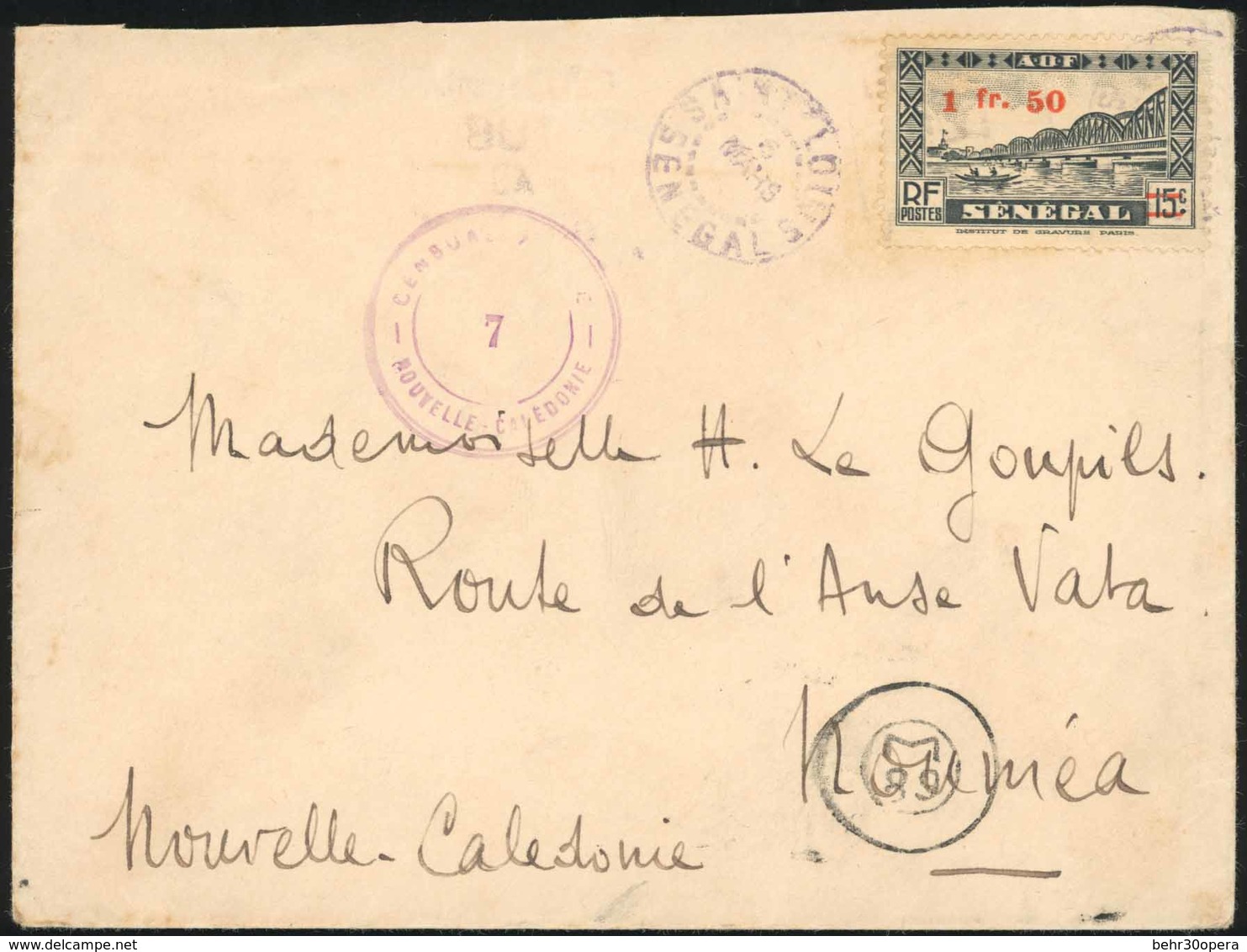 O N°189, 1F.50 S/15c. Noir Obl. S/lettre Frappée Du CàD De SAINT-LOUIS - SENEGAL Du 6 Mars 1945 à Destination De NOUMEA  - Otros & Sin Clasificación