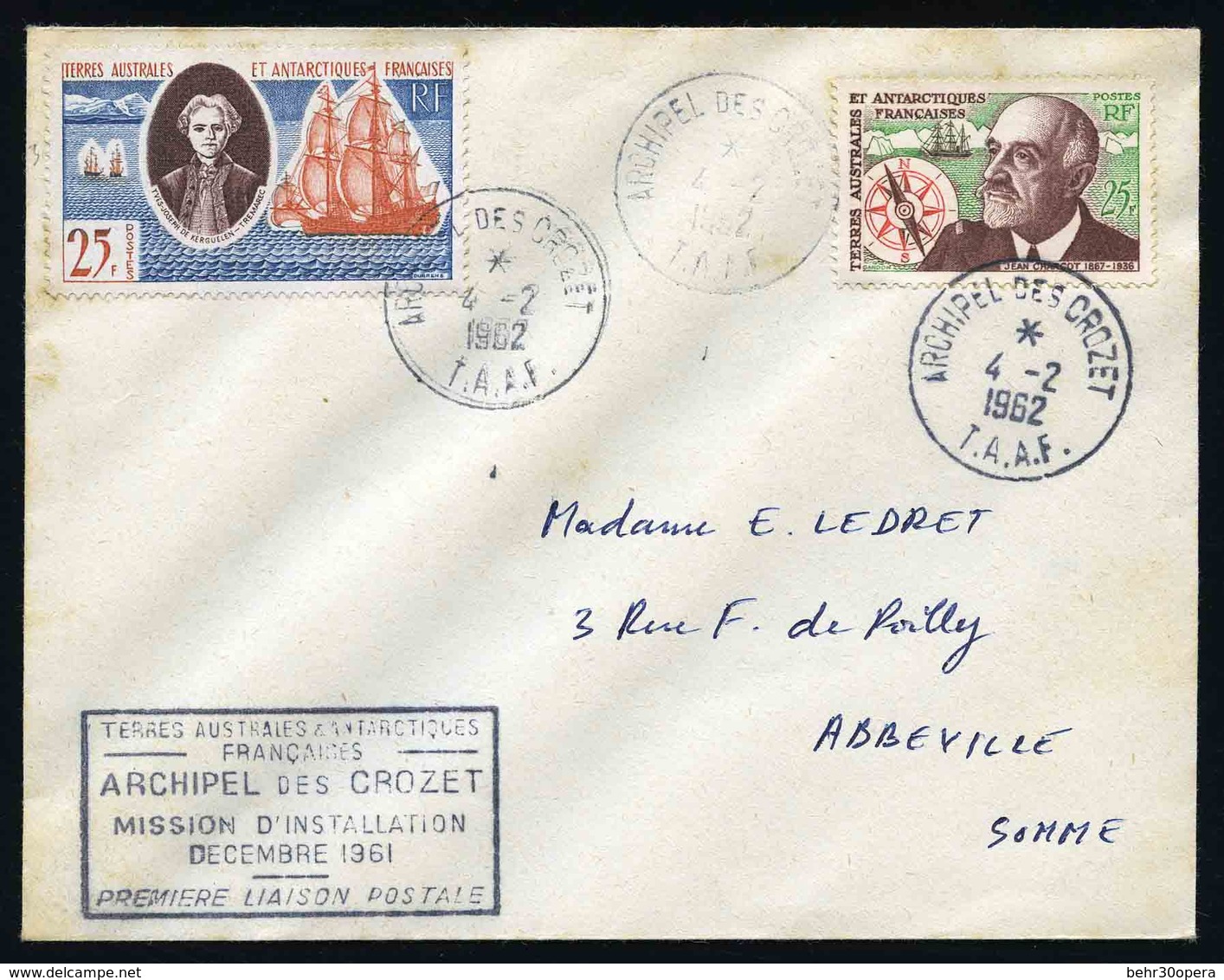 * N°15-16, 25F. Kerguelen + 25F. Charcot Obl. S/lettre Frappée Du CàD De L'ARCHIPEL DES CROZET - TAAF Du 4 Février 1962  - Otros & Sin Clasificación