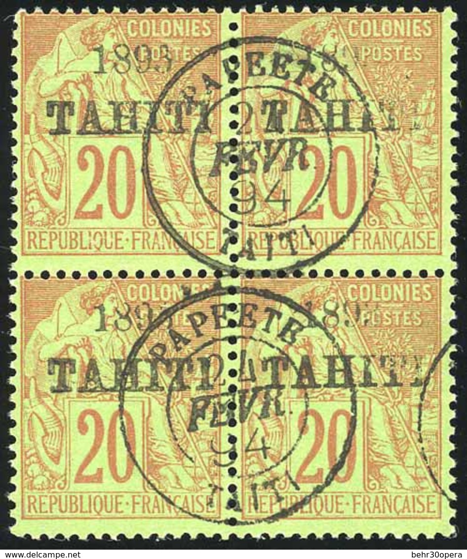 O N°25, 20c. Brique S/vert. Bloc De 4. Obl. PAPEETE - TAITI Du 24 Février 1894. TB. - Otros & Sin Clasificación