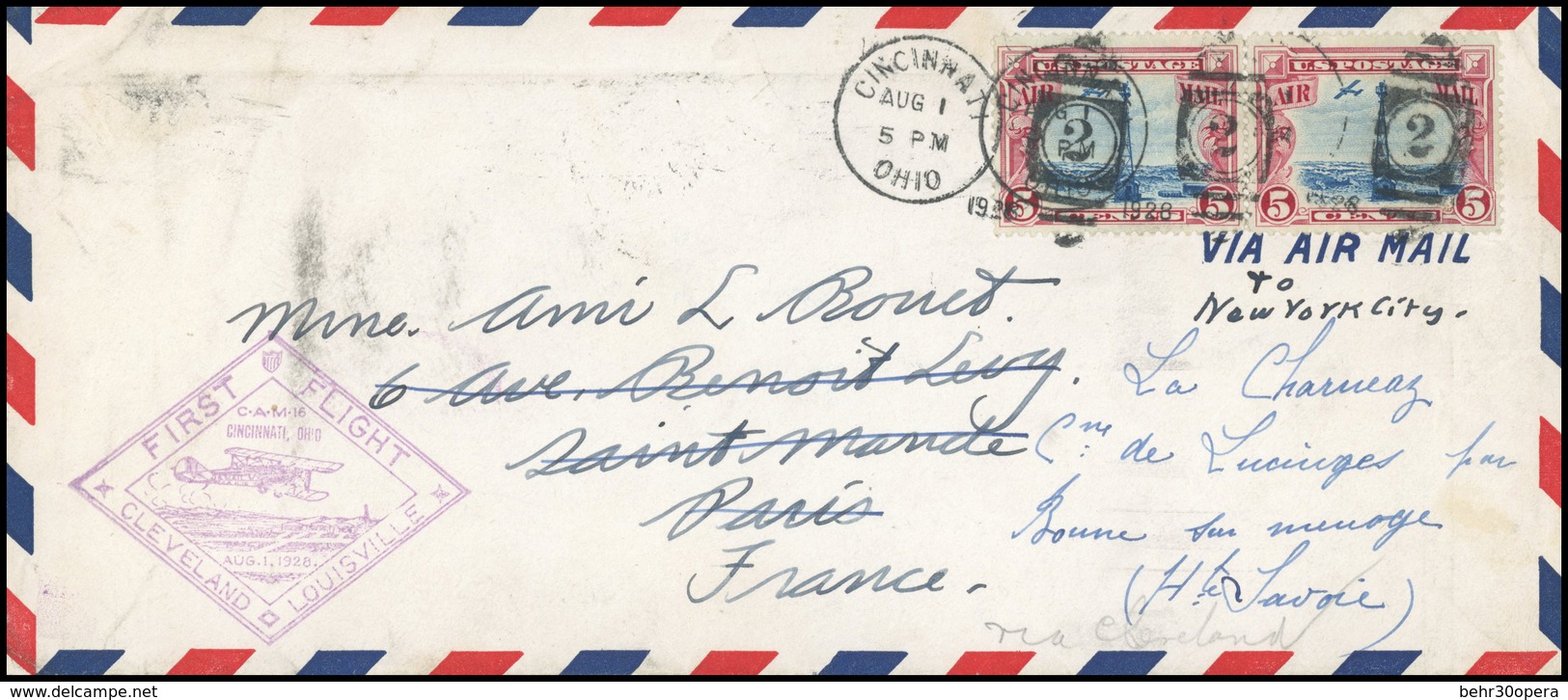 O N°11, 5c. Carmin Et Bleu Sur Azuré. Paire Obl. Sur Lettre Frappée Du CàD De CINCINNATI Du 1 AOUT 1928 à Destination De - Otros & Sin Clasificación