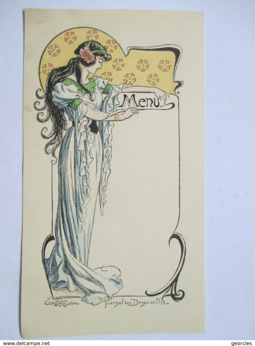 MENU   "  ART  NOUVEAU  "  ILLUSTRE  PAR  EMILIE  ROBIDA    JOURNAL DES  DEMOISELLES -   VIERGE  18 CM. X 10 CM.     TTB - Menus