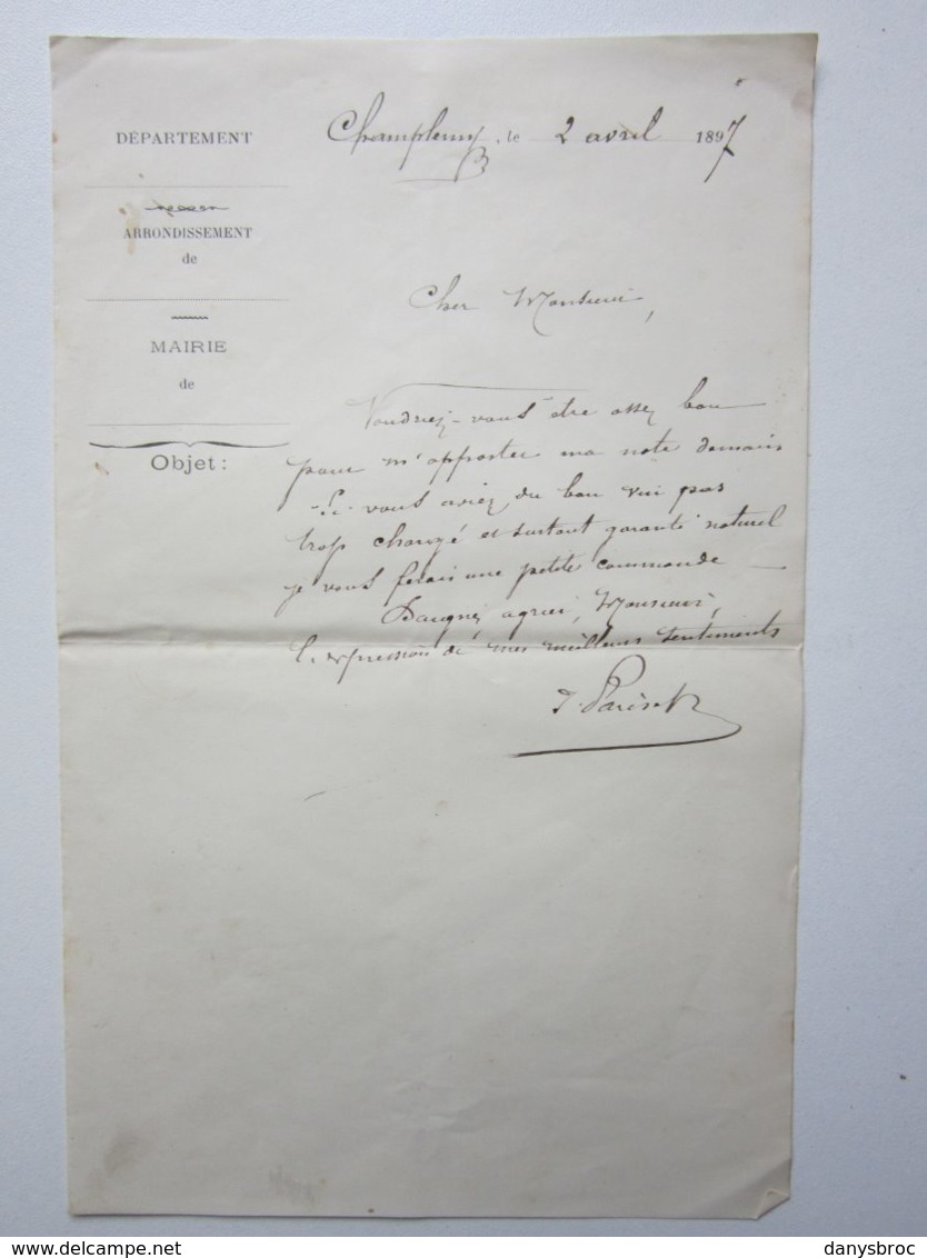 MAIRIE De CHAMPLEMY (58) Lettre Commande De Vin Le 2/04/1897  Document Signé - Artigianato