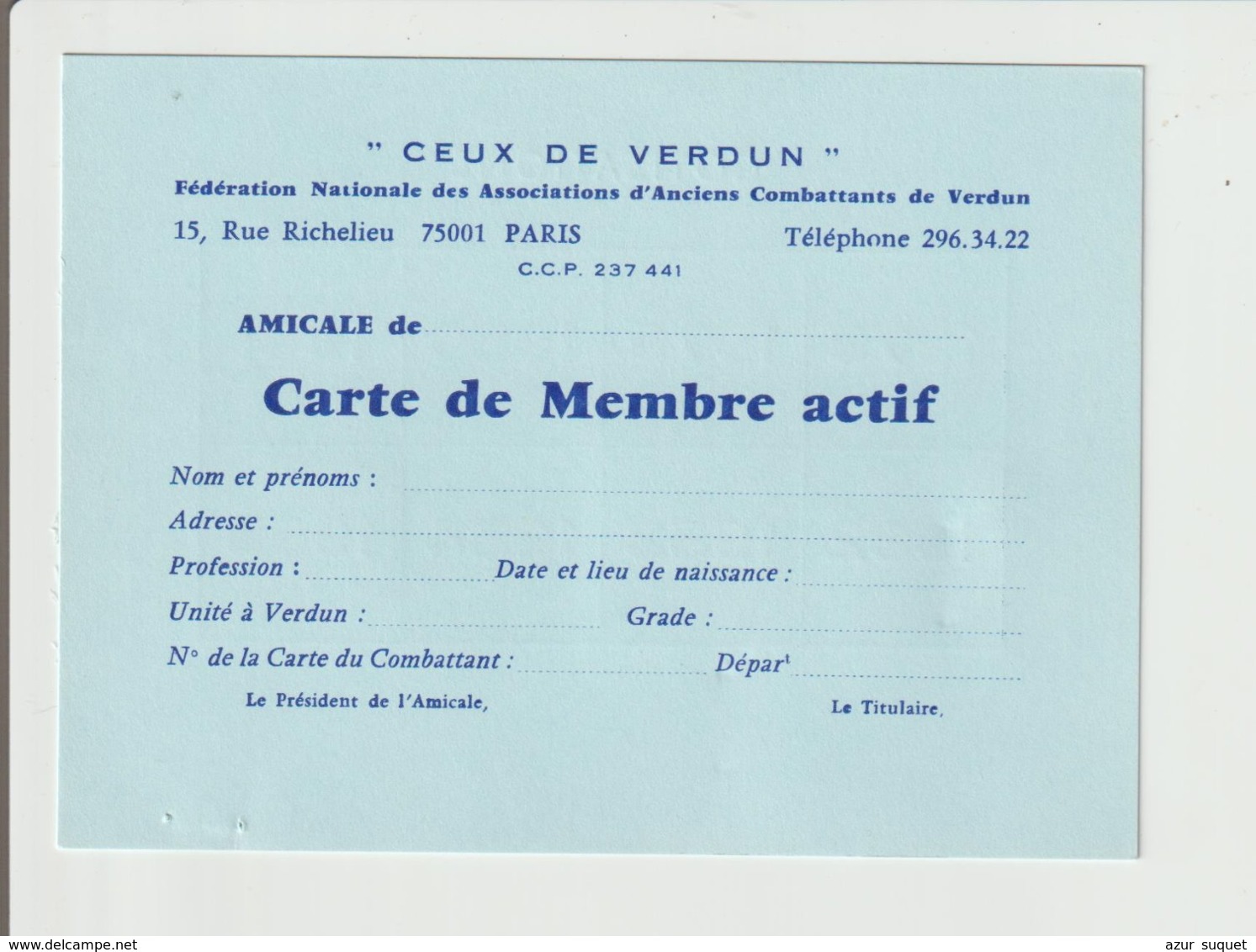CARTE DE MEMBRE ACTIF " CEUX DE VERDUN " :/ VIGNETTES AU VERSO - Documents