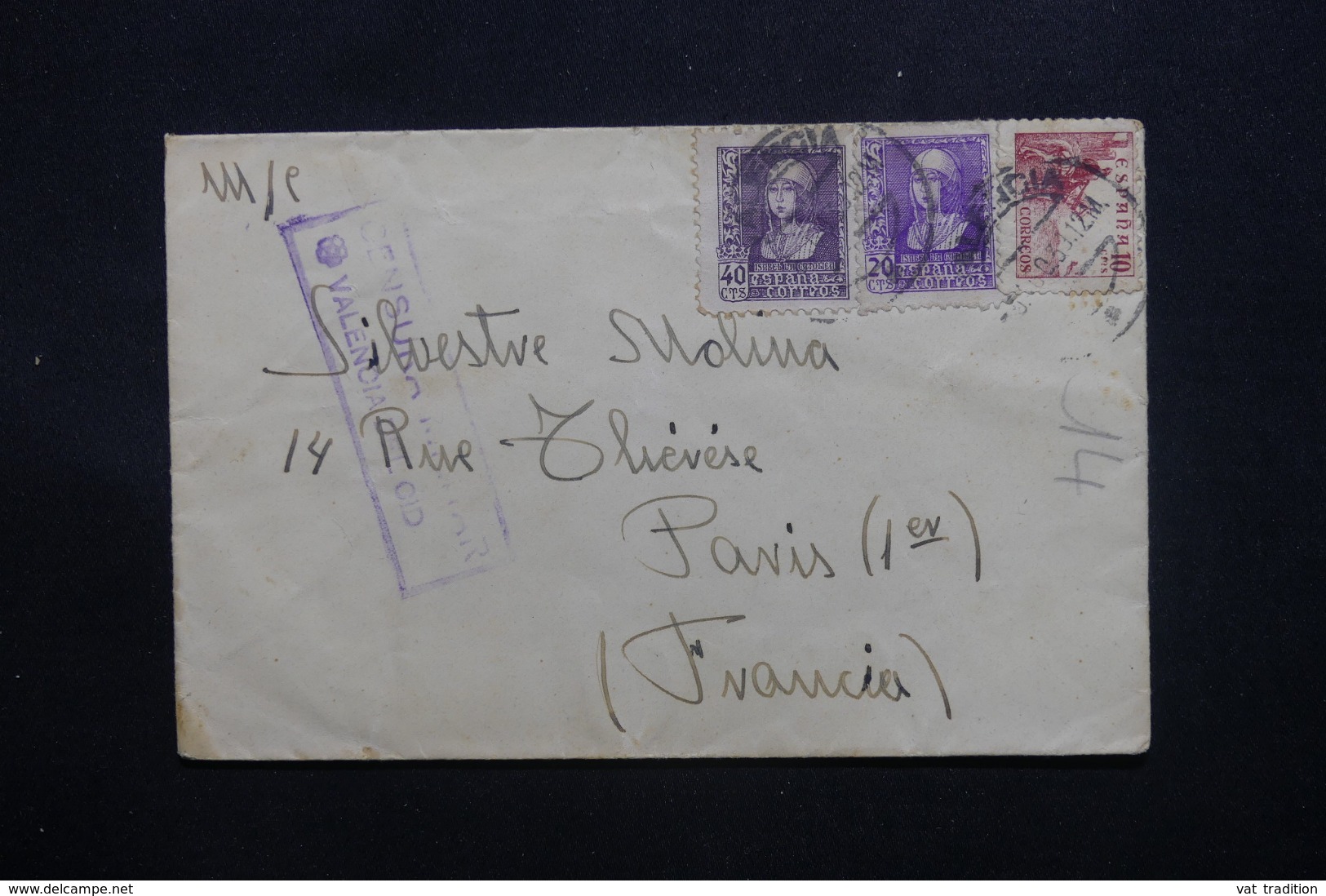 ESPAGNE - Censure De Valencia Sur Enveloppe Pour Paris En 1939 - L 42622 - Nationalists Censor Marks