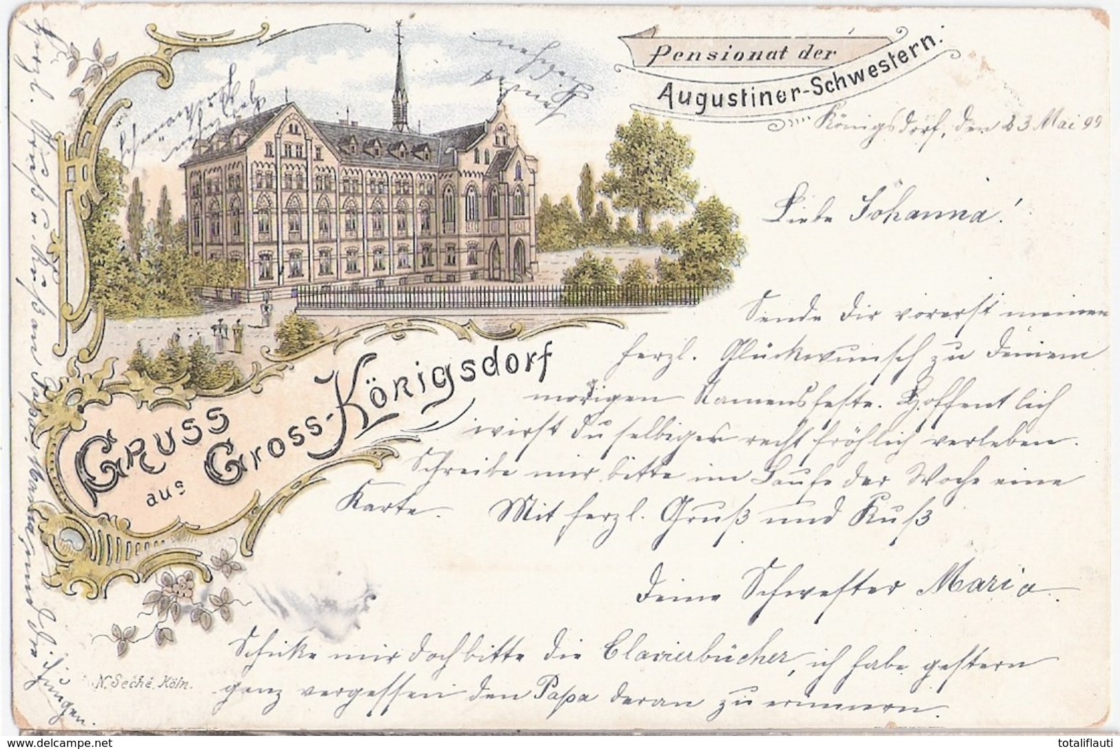 Gross Königsdorf FRECHEN Color Litho Pensionat Augustiner Schwestern Gelaufen Bahnpost 23.5.1899 CÖLN - VERVIERS - Frechen
