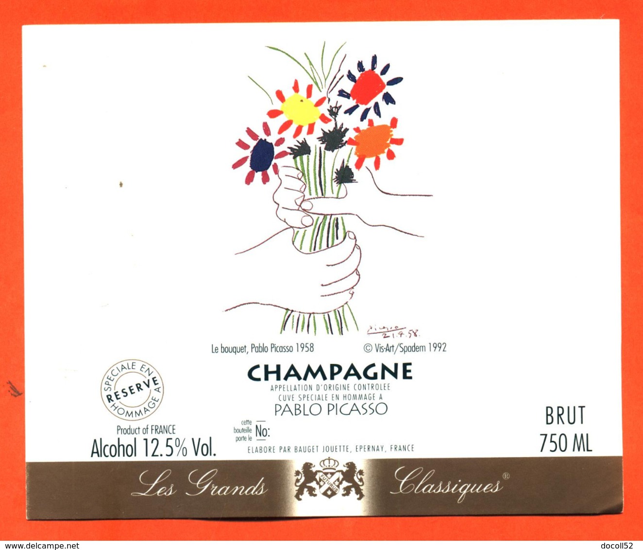 étiquette Autocollante De Champagne Brut Le Bouquet Pablo Picasso Bauget Jouette à épernay- 75 Cl - Kunst