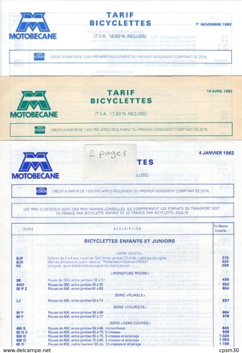tarif de vente vélo cyclomoteur motocyclette motobécane et divers publicités de cycles cyclomoteurs (20 documents)