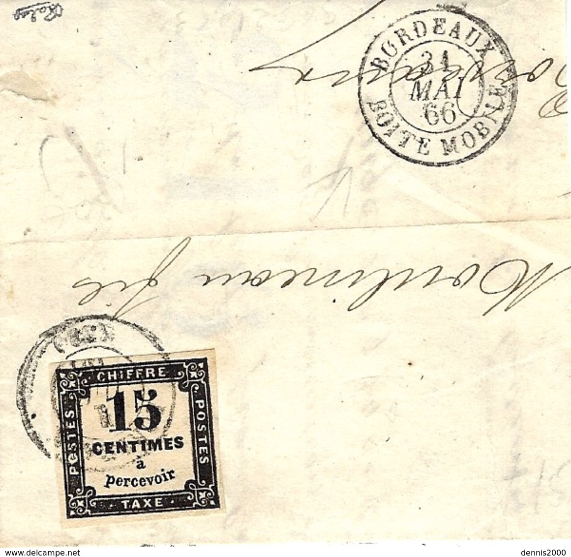 1866- Demi-lettre De Bordeaux / Boite Mobile Affr. 15 C Taxe  Oblit. T15 De Bordeaux - 1849-1876: Période Classique