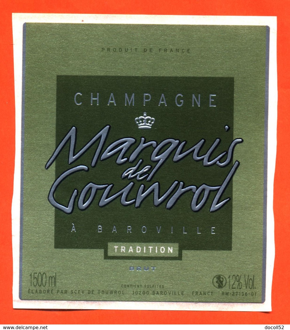 étiquette Autocollante En Soie Sur Support De Champagne Brut Marquis De Gouwrol à Baroville - 150 Cl - Champagne