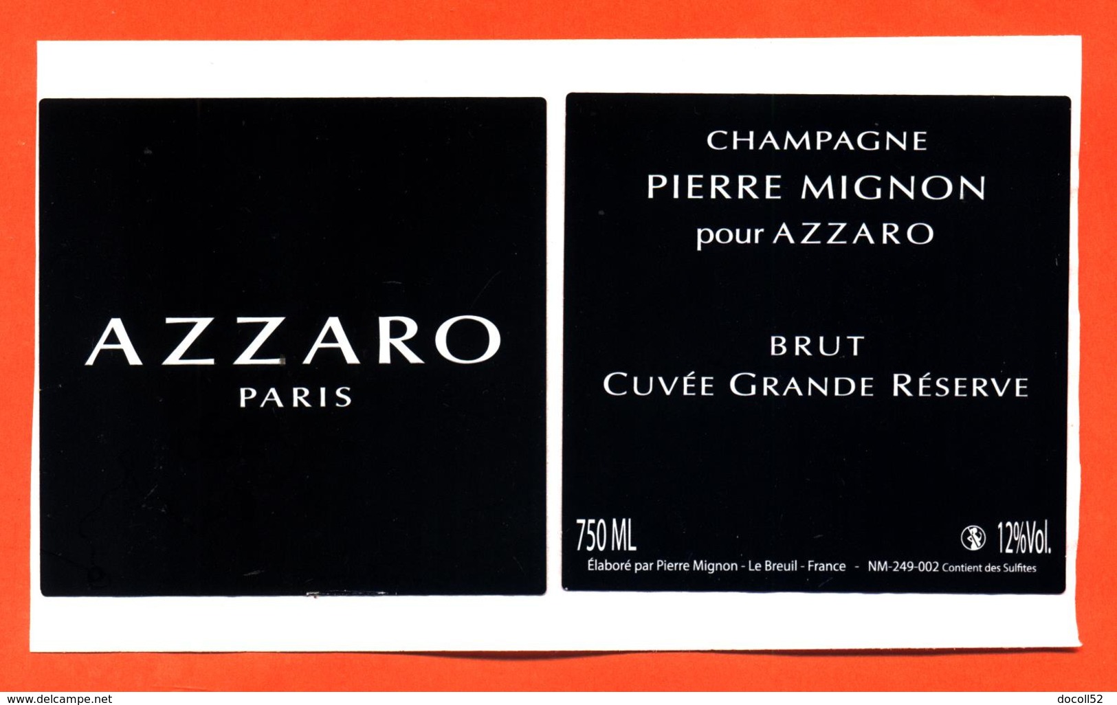 étiquette Autocollante Sur Support De Champagne Brut Cuvée Azzaro Pierre Mignon à Le Breuil - 75 Cl - Arte