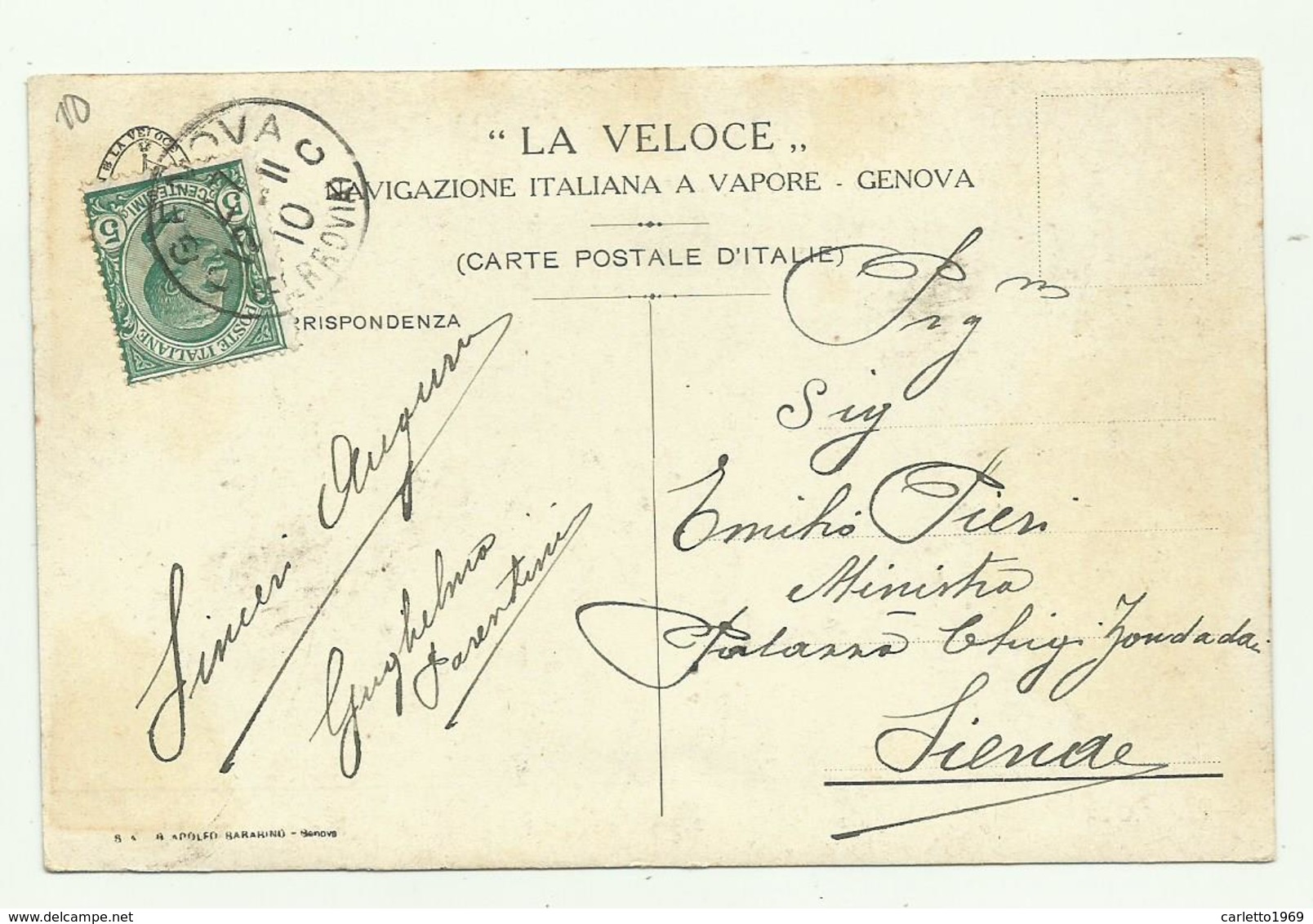 PIROSCAFO OCEANIA - LA VELOCE NAVIGAZIONE ITALIANA A VAPORE GENOVA 1910 VIAGGIATA FP - Paquebote