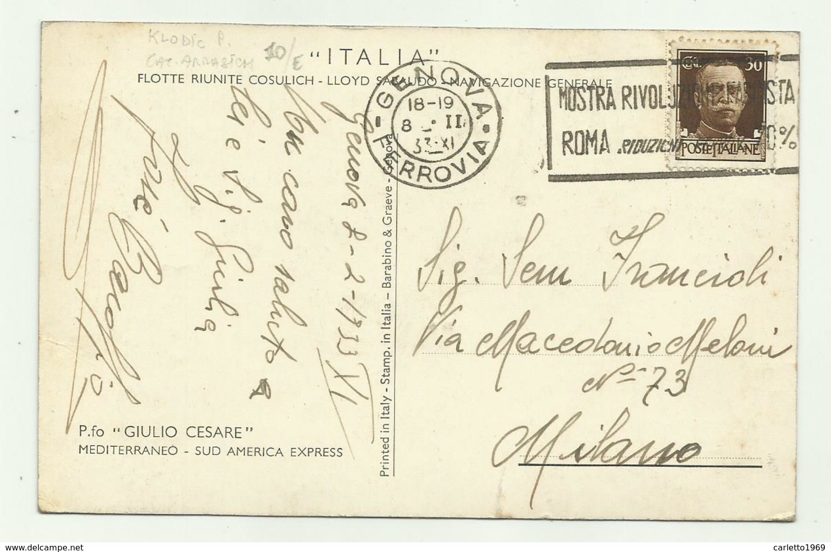 PIROSCAFO GIULIO CESARE, FLOTTE RIUNITE COSULICH   ILLUSTRATA P. KLODIC  VIAGGIATA 1933 FP - Passagiersschepen