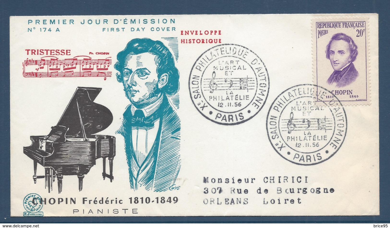 France FDC - Premier Jour - Chopin Frédéric - Pianiste - Paris - 1956 - 1950-1959