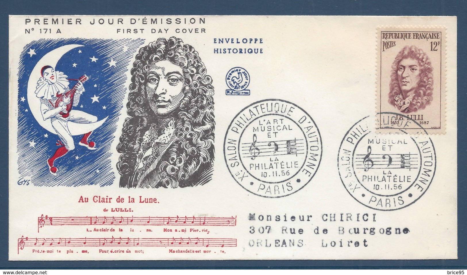 France - FDC - Premier Jour - Lulli - Au Clair De La Lune - Paris - 1956 - 1950-1959