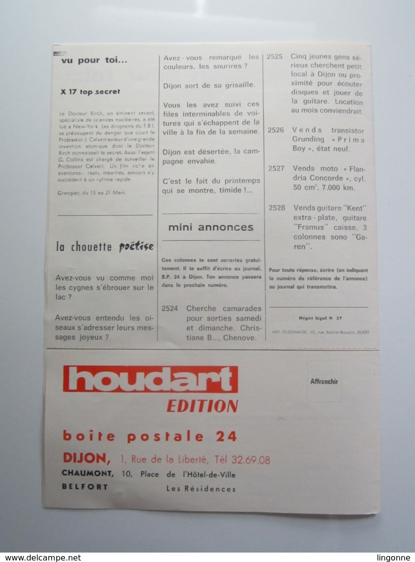 TRÈS RARE HOU Le Journal Du Hou'club MARS 1967 N°8 SYLVIE VARTAN LES TROGGS ADAMO VILLARD STONES DUTRONC JAMES DEAN - Musica