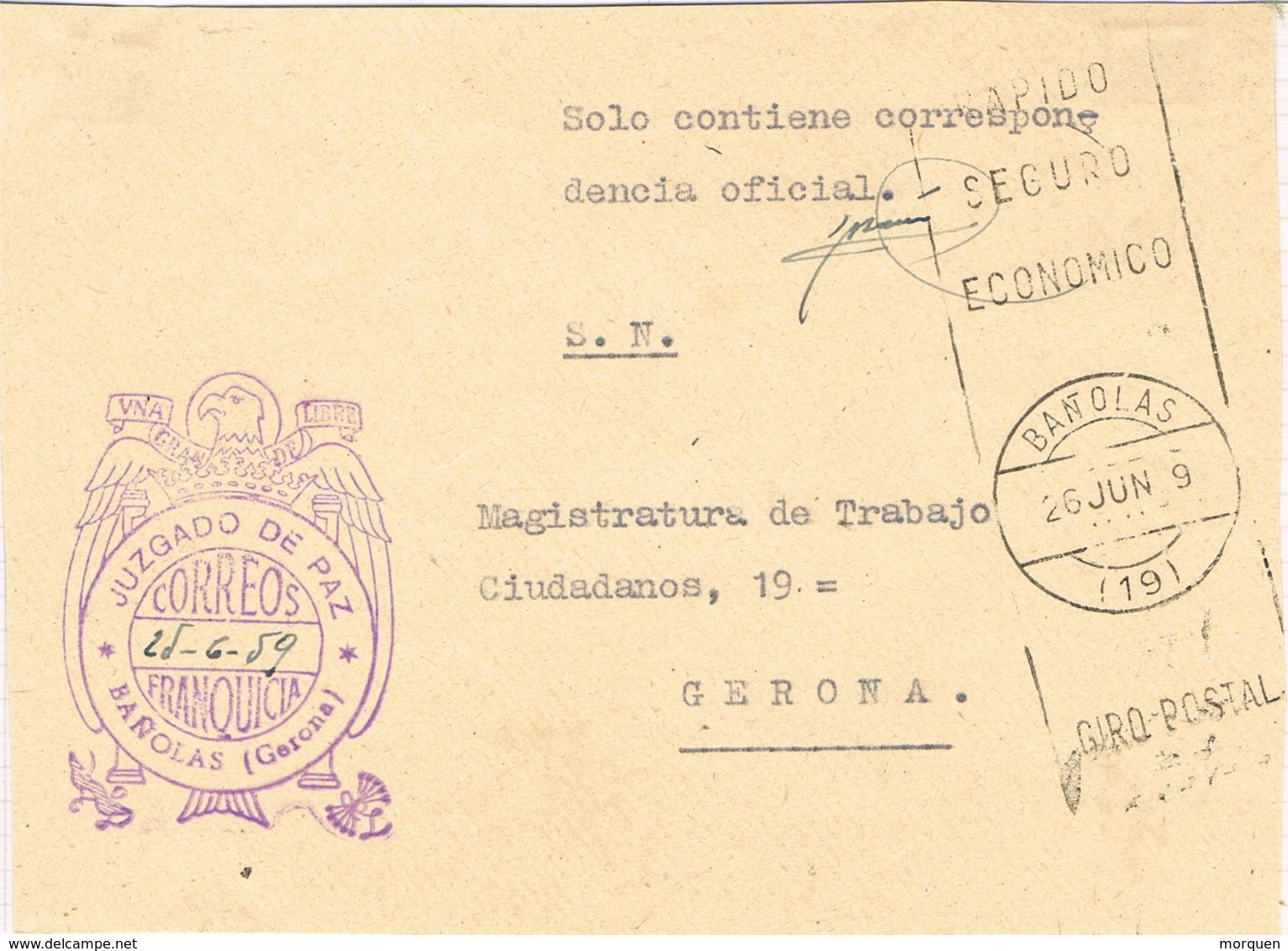 34047. Frontal Carta S.N. Franquicia Juzgado De Paz BAÑOLAS (Gerona) 1959. Fechador Rodillo - Cartas & Documentos