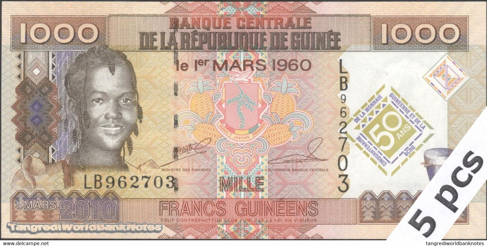 TWN - GUINEA 43a - 1000 1.000 Fr. 2010 DEALERS LOT X 5 - 50th Ann. Of Central Bank And Guinean Currency - Prefix LB UNC - Guinea