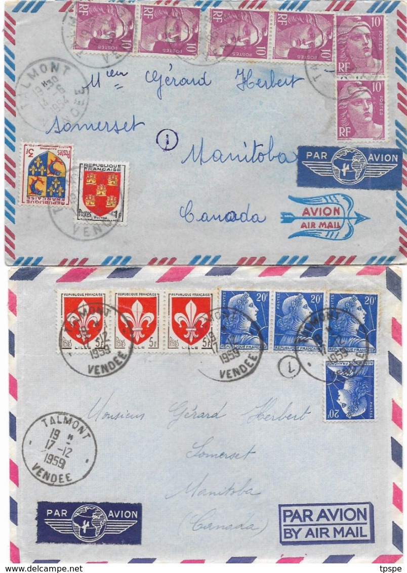 Lot De 2 Lettres De Talmont (Vendée) Pour Le Canada, Avec Puces, Voir Photo - 1921-1960: Période Moderne