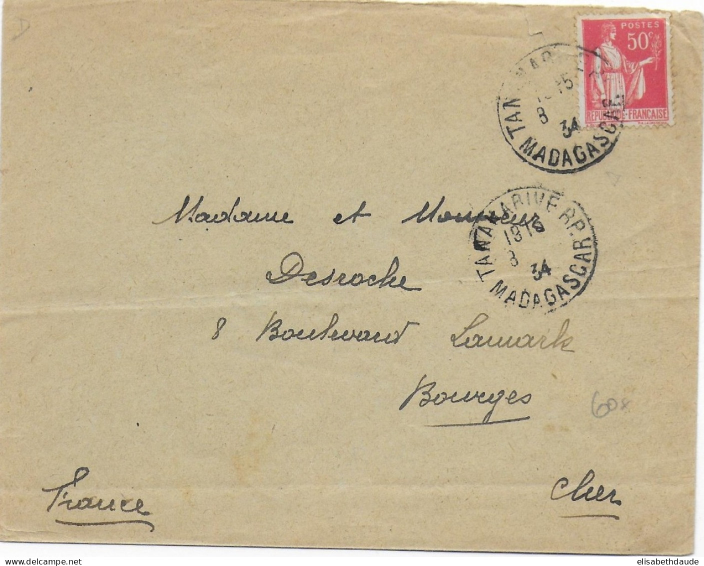 MADAGASCAR - 1934 - OBLITERATION De TANANARIVE RARE Sur TYPE PAIX De FRANCE / ENVELOPPE => BOURGES - 1932-39 Peace