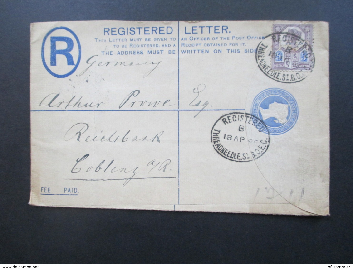 GB 1895 Nr. 93 Mit Perfin / Firmenlochung Als Zusatzfrankatur Auf GA Einschreiben / Registered Threadneedle St. B.O.E.C. - Cartas & Documentos