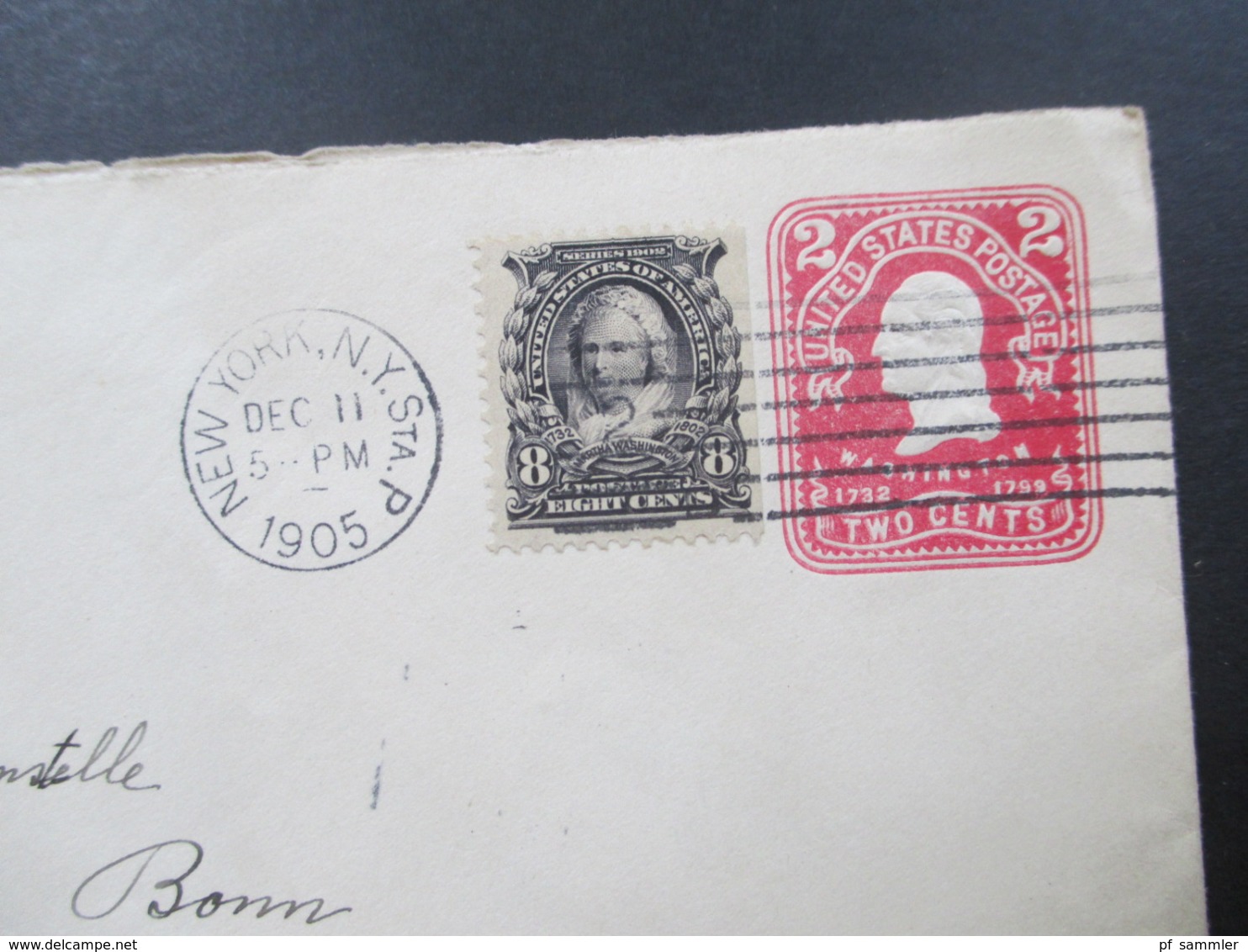 USA 1905 GA Umschlag Mit Zusatzfrankatur Nr. 144 Rechts Ungezähnt Martha Washington Brief Nach Bonn Mit Ak Stempel - Storia Postale