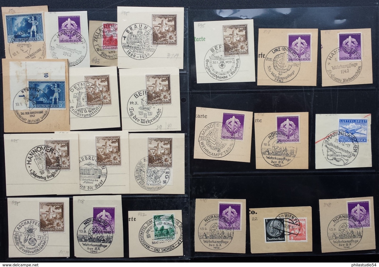 DEUTCHES REICH 1938/1944, über 100 Marken Auf Briefstücken Mit Sonderstempel. Dabei Komplette Sätze - Autres & Non Classés