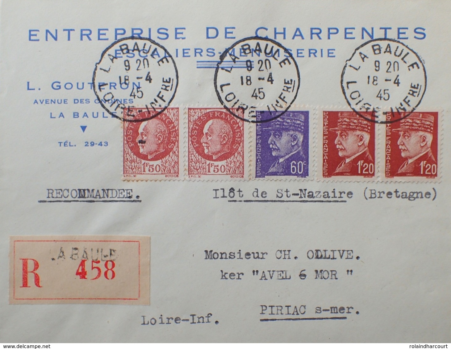 R1949/1078 - TYPE PETAIN - N°509 + 515 + 516 Sur ✉️ RECOMMANDEE Avec PUBLICITE " ENTREPRISE DE CHARPENTES De LA BAULE " - Lettres & Documents
